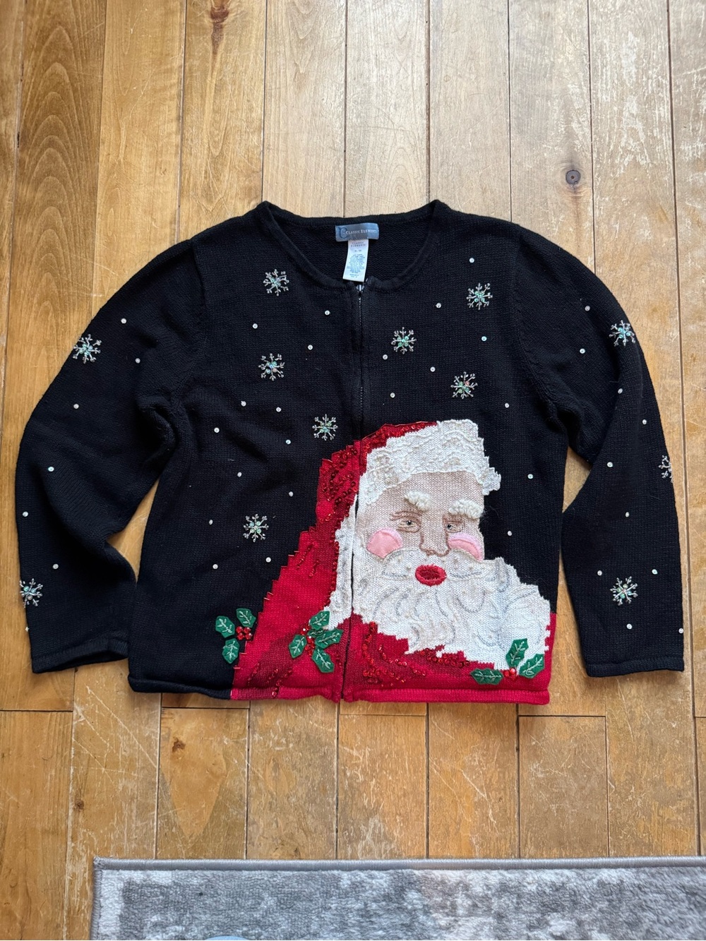 Black Santa Kissing Snowflake Holiday Zip Up Cardigan Sweater XL
